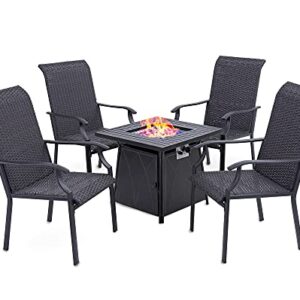 PHI VILLA 28” Gas Fire Table with High Back Rattan Chairs Conversation Set, 5 Piece Propane Fire Pit Table Set with 11 lbs Fire Glass, Outdoor Conversation Set for Yard, Patio, Garden