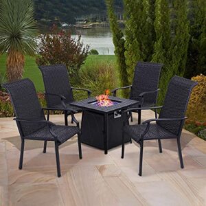 PHI VILLA 28” Gas Fire Table with High Back Rattan Chairs Conversation Set, 5 Piece Propane Fire Pit Table Set with 11 lbs Fire Glass, Outdoor Conversation Set for Yard, Patio, Garden