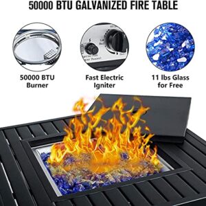 PHI VILLA 28” Gas Fire Table with High Back Rattan Chairs Conversation Set, 5 Piece Propane Fire Pit Table Set with 11 lbs Fire Glass, Outdoor Conversation Set for Yard, Patio, Garden