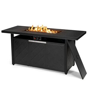 tangkula 57 inches propane fire pit table, patiojoy 50,000 btu outdoor rectangular firepit table, auto-ignition patio gas fire table with lid and lava rocks for backyard, garden, party (black)