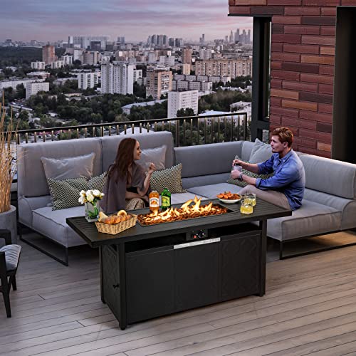Tangkula 57 Inches Propane Fire Pit Table, Patiojoy 50,000 BTU Outdoor Rectangular FirePit Table, Auto-Ignition Patio Gas Fire Table with Lid and Lava Rocks for Backyard, Garden, Party (Black)