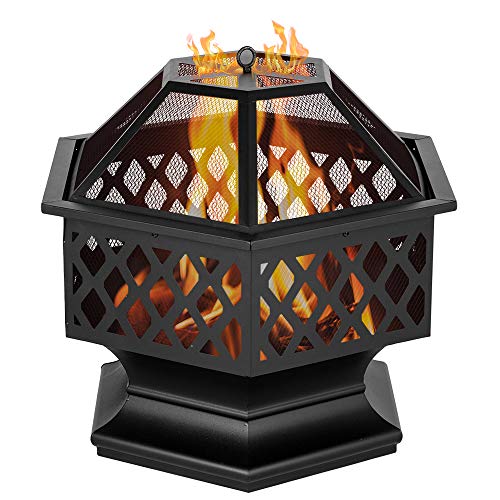 LxHealthy 24" Hexagonal Shaped Iron Brazier Wood Burning Fire Pit Decoration for Outdoor Garden Backyard Poolside