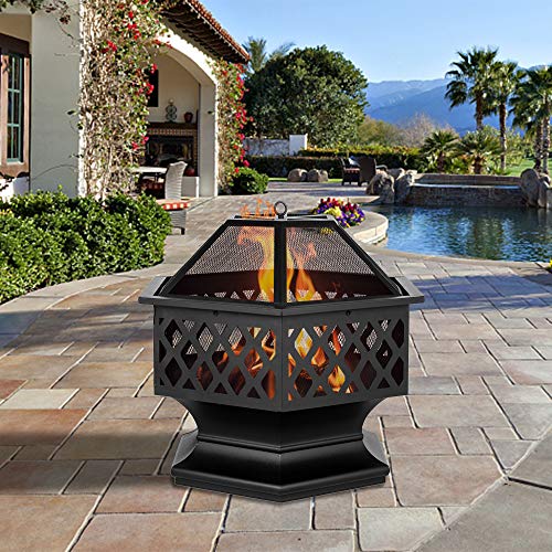 LxHealthy 24" Hexagonal Shaped Iron Brazier Wood Burning Fire Pit Decoration for Outdoor Garden Backyard Poolside