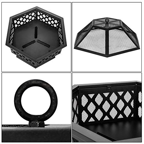 LxHealthy 24" Hexagonal Shaped Iron Brazier Wood Burning Fire Pit Decoration for Outdoor Garden Backyard Poolside