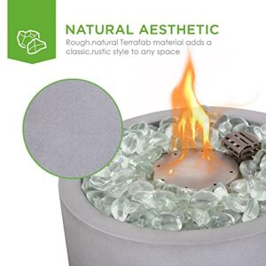 Tabletop Propane Fire Pit, 10 Inch Round Concrete Gas Burning Fire Bowl, Portable Fireplace, 10,000 BTU Propane Tank Outside w/Glass Beads for Garden, Patio Campfire Table with Umbrella Hole- Round