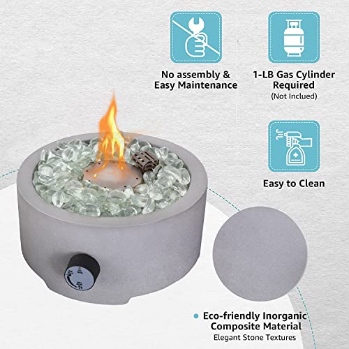 Tabletop Propane Fire Pit, 10 Inch Round Concrete Gas Burning Fire Bowl, Portable Fireplace, 10,000 BTU Propane Tank Outside w/Glass Beads for Garden, Patio Campfire Table with Umbrella Hole- Round