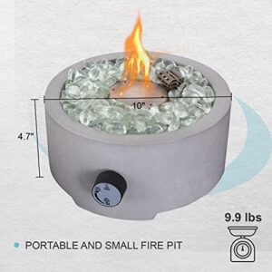 Tabletop Propane Fire Pit, 10 Inch Round Concrete Gas Burning Fire Bowl, Portable Fireplace, 10,000 BTU Propane Tank Outside w/Glass Beads for Garden, Patio Campfire Table with Umbrella Hole- Round