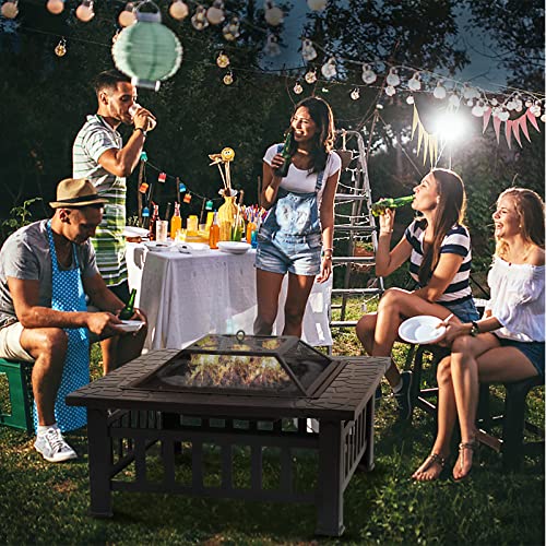 Hkeli 32 inches Fire Pit Square Metal Fire Pit Firepit Outdoor Multifunctional Fire Pit Table Wood Burning Fireplace with Spark Screen & Safety Poker for Patio Backyard Garden, black