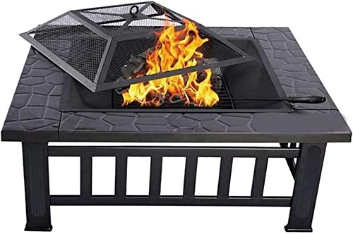 LEAYAN Garden Fire Pit 32in Outdoor Fire Pit Metal Square Firepit Portable Grill Barbecue Rack Wood Burning Backyard Patio Beaches Camping Picnic Bonfire Stove with Cover BBQ Cooking for Backyard