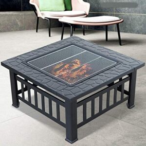 LEAYAN Garden Fire Pit 32in Outdoor Fire Pit Metal Square Firepit Portable Grill Barbecue Rack Wood Burning Backyard Patio Beaches Camping Picnic Bonfire Stove with Cover BBQ Cooking for Backyard