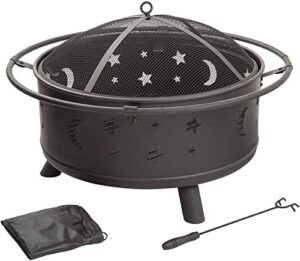 leayan garden fire pit grill bowl grill barbecue rack fire pit with grill shelf, outdoor metal brazier star moon shape garden patio heater camping bowl with grill, mesh lid, grate, grid