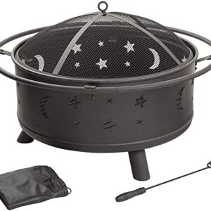 LEAYAN Garden Fire Pit Grill Bowl Grill Barbecue Rack Fire Pit with Grill Shelf, Outdoor Metal Brazier Star Moon Shape Garden Patio Heater Camping Bowl with Grill, Mesh Lid, Grate, Grid