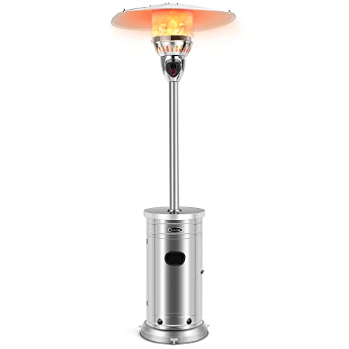 COSTWAY 48,000 BTU Outdoor Patio Heater, Stainless Steel Tall Propane Heater with Wheels & Drink Shelf Table, Safety Auto Shut Off Valve, Portable Standing Patio Heaters for Outdoor Garden Backyard