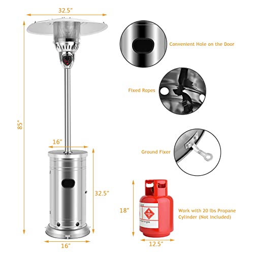 COSTWAY 48,000 BTU Outdoor Patio Heater, Stainless Steel Tall Propane Heater with Wheels & Drink Shelf Table, Safety Auto Shut Off Valve, Portable Standing Patio Heaters for Outdoor Garden Backyard