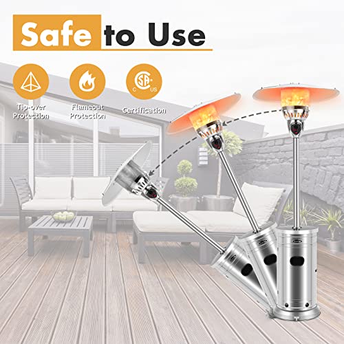 COSTWAY 48,000 BTU Outdoor Patio Heater, Stainless Steel Tall Propane Heater with Wheels & Drink Shelf Table, Safety Auto Shut Off Valve, Portable Standing Patio Heaters for Outdoor Garden Backyard