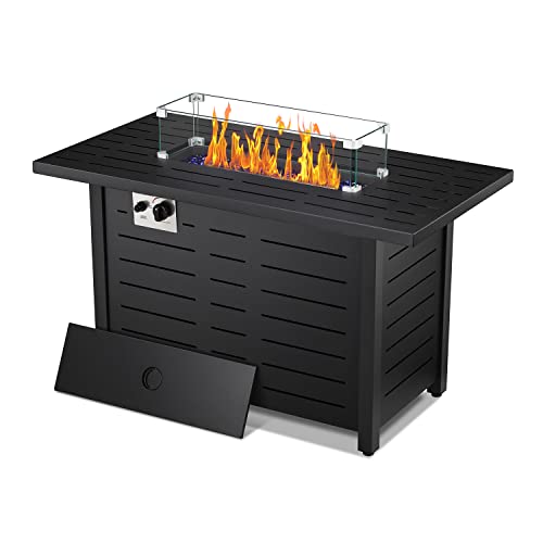 ZAFRO Fire Pit Table, 43" Propane Fire Pit, 50,000 BTU Auto-Ignition Fire Pits for Outside with Lid, Rain Cover, Tempered Glass Wind Guard & Glass Rocks, Garden/Backyard/Deck Patio (Rectangular)…