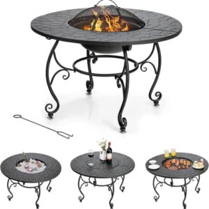 Renatone Bonfire Wood Burning Fire Pit Table, 36 Inch 4-in-1 Outdoor Dining Table, PVC Cover, Multifunctional Metal Round BBQ Garden Fire Bowl with Lid for Garden, Poolside, Backyard