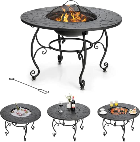 Renatone Bonfire Wood Burning Fire Pit Table, 36 Inch 4-in-1 Outdoor Dining Table, PVC Cover, Multifunctional Metal Round BBQ Garden Fire Bowl with Lid for Garden, Poolside, Backyard