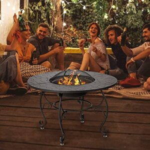 Renatone Bonfire Wood Burning Fire Pit Table, 36 Inch 4-in-1 Outdoor Dining Table, PVC Cover, Multifunctional Metal Round BBQ Garden Fire Bowl with Lid for Garden, Poolside, Backyard