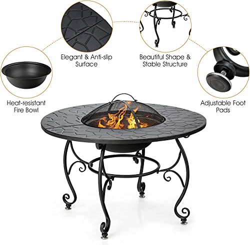 Renatone Bonfire Wood Burning Fire Pit Table, 36 Inch 4-in-1 Outdoor Dining Table, PVC Cover, Multifunctional Metal Round BBQ Garden Fire Bowl with Lid for Garden, Poolside, Backyard