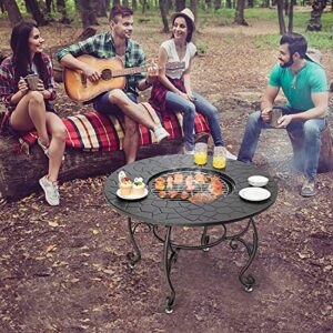 Renatone Bonfire Wood Burning Fire Pit Table, 36 Inch 4-in-1 Outdoor Dining Table, PVC Cover, Multifunctional Metal Round BBQ Garden Fire Bowl with Lid for Garden, Poolside, Backyard