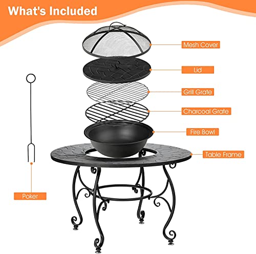 Renatone Bonfire Wood Burning Fire Pit Table, 36 Inch 4-in-1 Outdoor Dining Table, PVC Cover, Multifunctional Metal Round BBQ Garden Fire Bowl with Lid for Garden, Poolside, Backyard