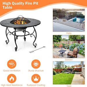 Renatone Bonfire Wood Burning Fire Pit Table, 36 Inch 4-in-1 Outdoor Dining Table, PVC Cover, Multifunctional Metal Round BBQ Garden Fire Bowl with Lid for Garden, Poolside, Backyard