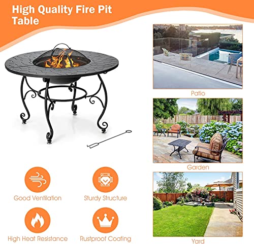 Renatone Bonfire Wood Burning Fire Pit Table, 36 Inch 4-in-1 Outdoor Dining Table, PVC Cover, Multifunctional Metal Round BBQ Garden Fire Bowl with Lid for Garden, Poolside, Backyard