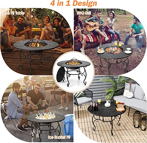 Renatone Bonfire Wood Burning Fire Pit Table, 36 Inch 4-in-1 Outdoor Dining Table, PVC Cover, Multifunctional Metal Round BBQ Garden Fire Bowl with Lid for Garden, Poolside, Backyard