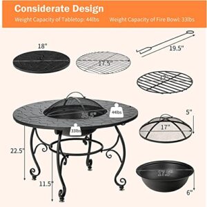 Renatone Bonfire Wood Burning Fire Pit Table, 36 Inch 4-in-1 Outdoor Dining Table, PVC Cover, Multifunctional Metal Round BBQ Garden Fire Bowl with Lid for Garden, Poolside, Backyard