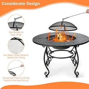 Renatone Bonfire Wood Burning Fire Pit Table, 36 Inch 4-in-1 Outdoor Dining Table, PVC Cover, Multifunctional Metal Round BBQ Garden Fire Bowl with Lid for Garden, Poolside, Backyard