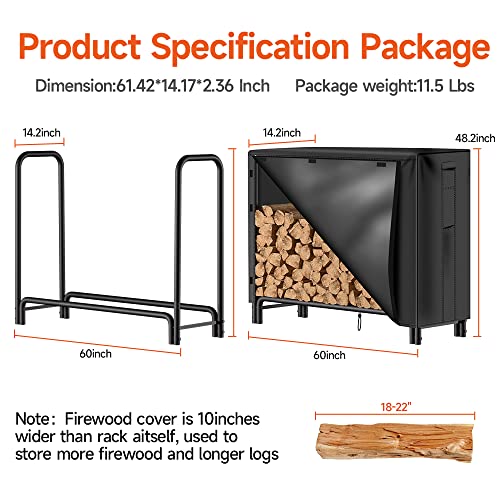 Amagabeli 5ft Firewood Log Rack with Cover Combo Set Bundle Large Canvas Firewood Carrier Log Tote Bag