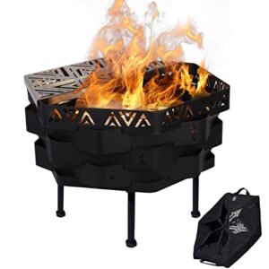 aterland wood burning fire pit with cooking grate, 2 in 1 outdoor firepit bonfire for bbq, foldable steel firepit wood fire rings with gloves for camping backyard