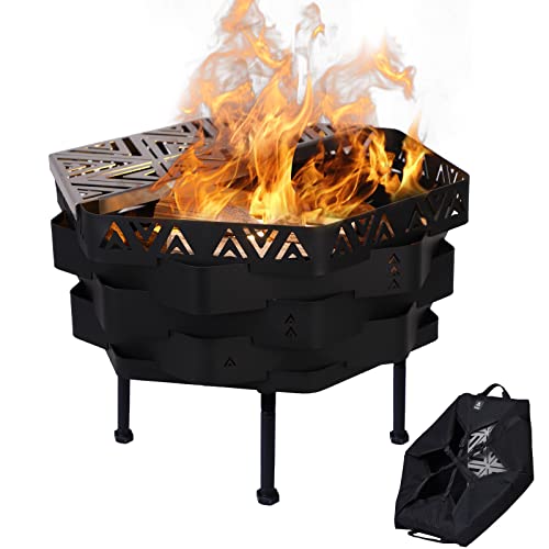 Aterland Wood Burning Fire Pit with Cooking Grate, 2 in 1 Outdoor Firepit Bonfire for BBQ, Foldable Steel Firepit Wood Fire Rings with Gloves for Camping Backyard