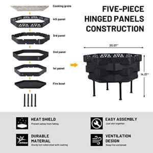 Aterland Wood Burning Fire Pit with Cooking Grate, 2 in 1 Outdoor Firepit Bonfire for BBQ, Foldable Steel Firepit Wood Fire Rings with Gloves for Camping Backyard