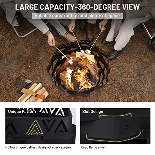 Aterland Wood Burning Fire Pit with Cooking Grate, 2 in 1 Outdoor Firepit Bonfire for BBQ, Foldable Steel Firepit Wood Fire Rings with Gloves for Camping Backyard