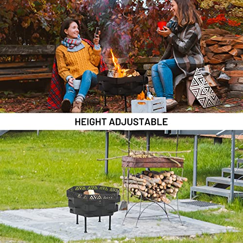 Aterland Wood Burning Fire Pit with Cooking Grate, 2 in 1 Outdoor Firepit Bonfire for BBQ, Foldable Steel Firepit Wood Fire Rings with Gloves for Camping Backyard