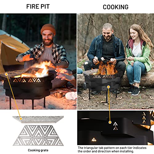 Aterland Wood Burning Fire Pit with Cooking Grate, 2 in 1 Outdoor Firepit Bonfire for BBQ, Foldable Steel Firepit Wood Fire Rings with Gloves for Camping Backyard