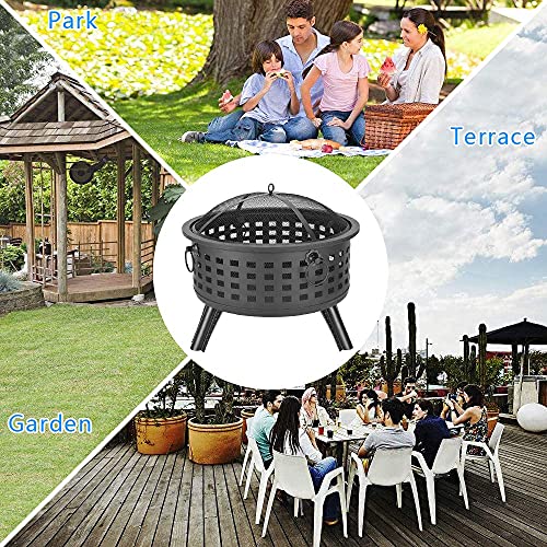 Long & Bright 26 Inch Round Lattice Fire Bowl Wood Burning Fire Pit Decoration for Backyard Garden Black