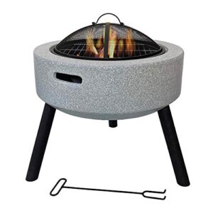 fire pit with grill shelf, geo fire pit bowl with triangle bracket magnesium oxide material outdoor garden fire pit with mesh cover for outdoor, garden, barbecue, camping (grey)