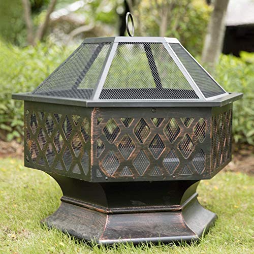 Garden Fire Pit Portable Grill Barbecue Rack Metal Outdoor fire Pit,Wood Charcoal Burning 24in Firebowl Fireplace Poker Spark Screen Retardant Mesh Lid Round with Cover BBQ for Camping Backyard