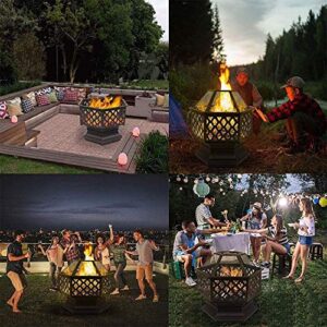 Garden Fire Pit Portable Grill Barbecue Rack Metal Outdoor fire Pit,Wood Charcoal Burning 24in Firebowl Fireplace Poker Spark Screen Retardant Mesh Lid Round with Cover BBQ for Camping Backyard