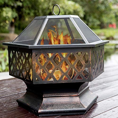 Garden Fire Pit Portable Grill Barbecue Rack Metal Outdoor fire Pit,Wood Charcoal Burning 24in Firebowl Fireplace Poker Spark Screen Retardant Mesh Lid Round with Cover BBQ for Camping Backyard