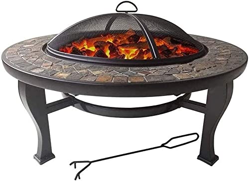 LEAYAN Garden Fire Pit Grill Bowl Grill Barbecue Rack Black Outdoor Fire Pit, Round 34" Natural Slate Top with Spark Screen Cover for Backyard Patio with Cover BBQ Cooking for Camping Backyard