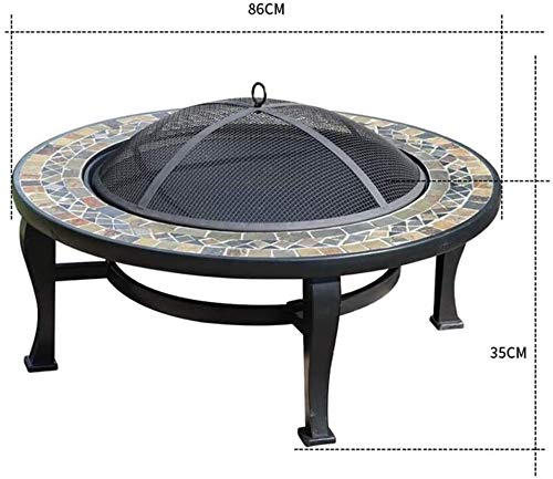 LEAYAN Garden Fire Pit Grill Bowl Grill Barbecue Rack Black Outdoor Fire Pit, Round 34" Natural Slate Top with Spark Screen Cover for Backyard Patio with Cover BBQ Cooking for Camping Backyard