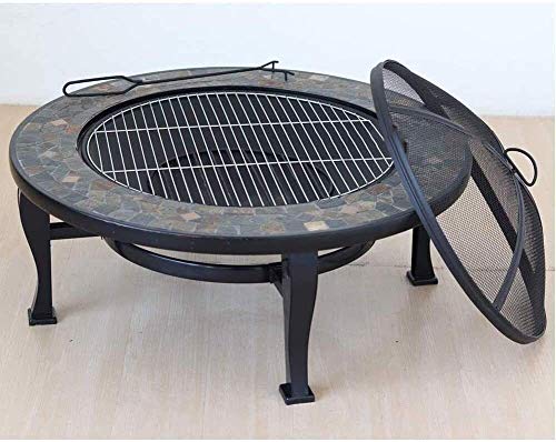 LEAYAN Garden Fire Pit Grill Bowl Grill Barbecue Rack Black Outdoor Fire Pit, Round 34" Natural Slate Top with Spark Screen Cover for Backyard Patio with Cover BBQ Cooking for Camping Backyard