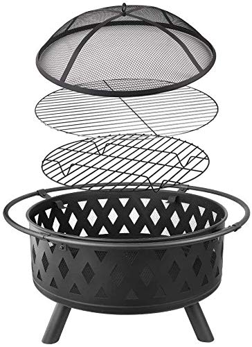 LEAYAN Garden Fire Pit Grill Bowl Grill Barbecue Rack Fire Pit Bowl, Outdoor Metal Firepit,BBQ Grill Fire with Grille, Sticks for Fire Pit, Fire Pit with Cover BBQ Cooking for Camping Backyard