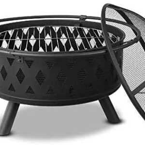 LEAYAN Garden Fire Pit Grill Bowl Grill Barbecue Rack Fire Pit Bowl, Outdoor Metal Firepit,BBQ Grill Fire with Grille, Sticks for Fire Pit, Fire Pit with Cover BBQ Cooking for Camping Backyard