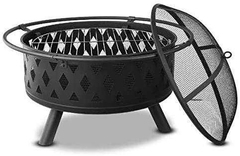 LEAYAN Garden Fire Pit Grill Bowl Grill Barbecue Rack Fire Pit Bowl, Outdoor Metal Firepit,BBQ Grill Fire with Grille, Sticks for Fire Pit, Fire Pit with Cover BBQ Cooking for Camping Backyard