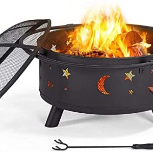 LEAYAN Garden Fire Pit Grill Bowl Grill Barbecue Rack Fire Pit Outdoor Wood Burning Pits for Outdoor Backyard Patio Bonfire Campfire Grill Grate Mesh Spark Screen Poker Waterproof Cover Included